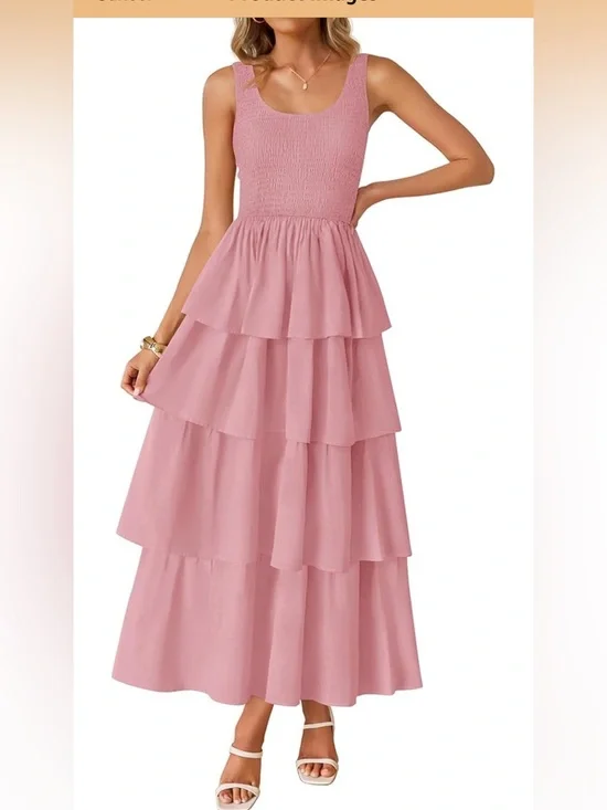 Women’s Tiered Smocked Midi Dress - Pink - Picture 3 of 4